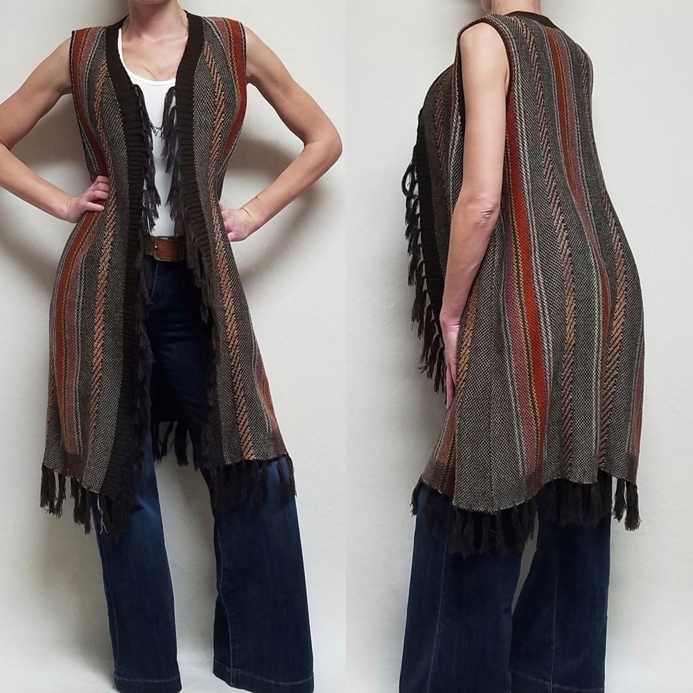 RARE Wrangler Boho Multi-color Striped Knit Fringe Sleeveless Western Maxi Vest